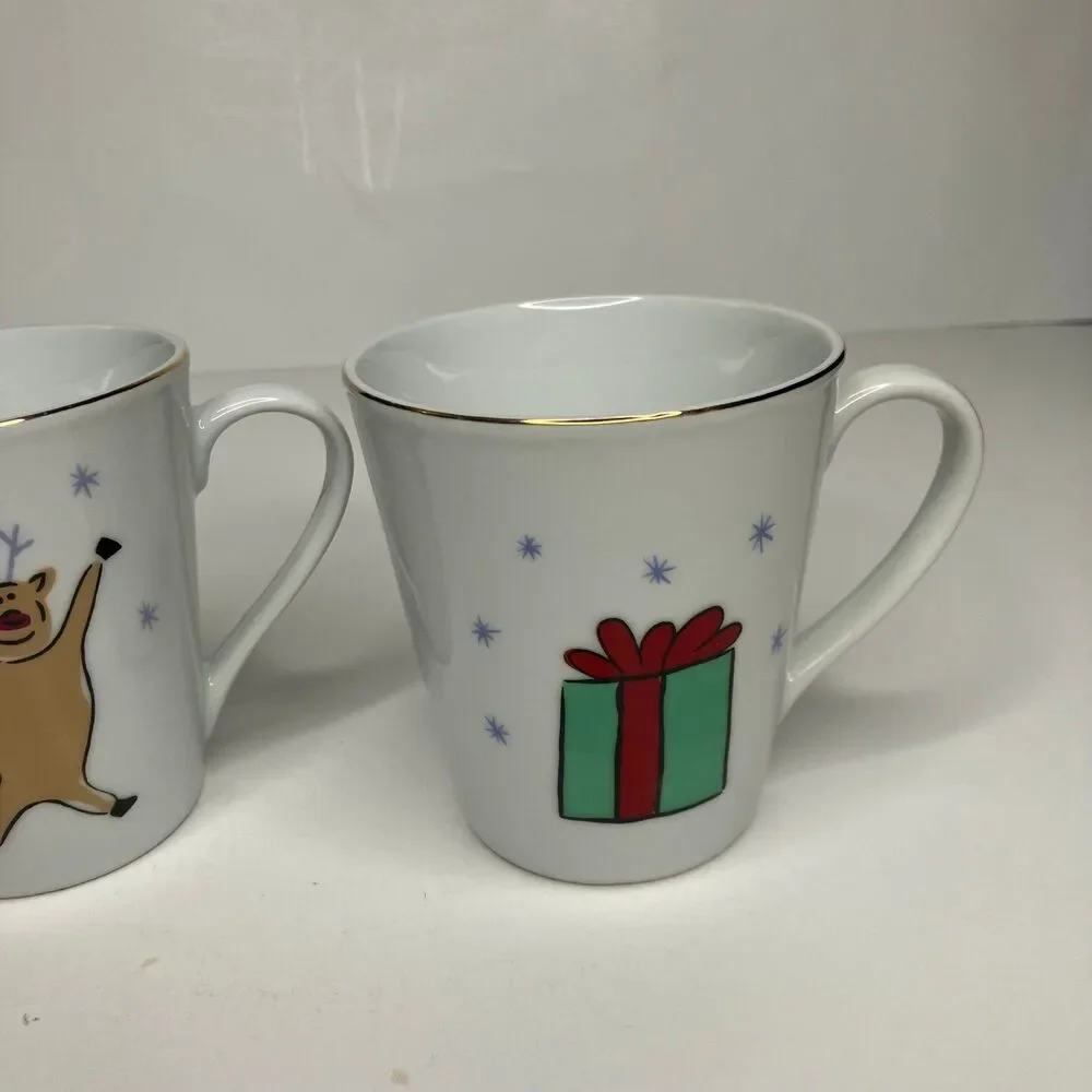 Merry Brite Merry Christmas Coffee Mugs Cups Set Of 3 Gold Rim Holiday Santa 8oz